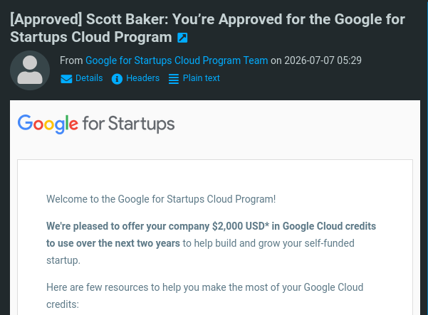 Google for Startups Cloud Program — approval for Entropa